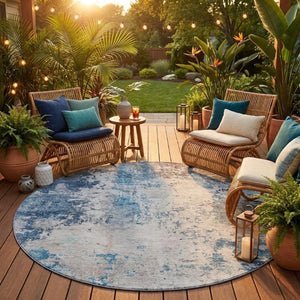 8 Ft Round Abstract Polyester Area Rug Washable Blue Silver Indoor Outdoor