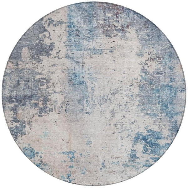 HomeRoots 8 Ft Round Abstract Polyester Area Rug Washable Blue Silver Indoor Outdoor 745848
