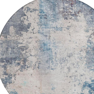 8 Ft Round Abstract Polyester Area Rug Washable Blue Silver Indoor Outdoor