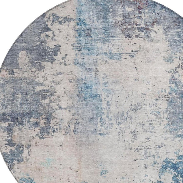 8 Ft Round Abstract Polyester Area Rug Washable Blue Silver Indoor Outdoor