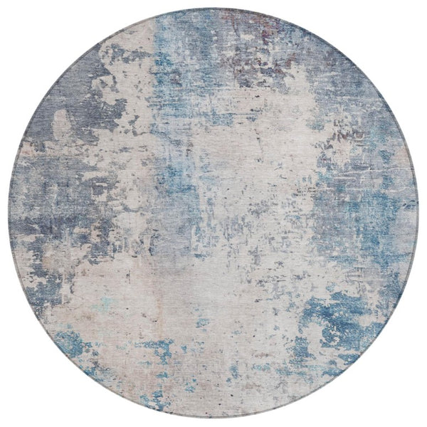 8 Ft Round Abstract Polyester Area Rug Washable Blue Silver Indoor Outdoor