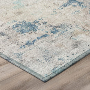 8 Ft Round Abstract Polyester Area Rug Washable Blue Silver Indoor Outdoor