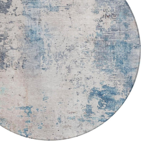 8 Ft Round Abstract Polyester Area Rug Washable Blue Silver Indoor Outdoor