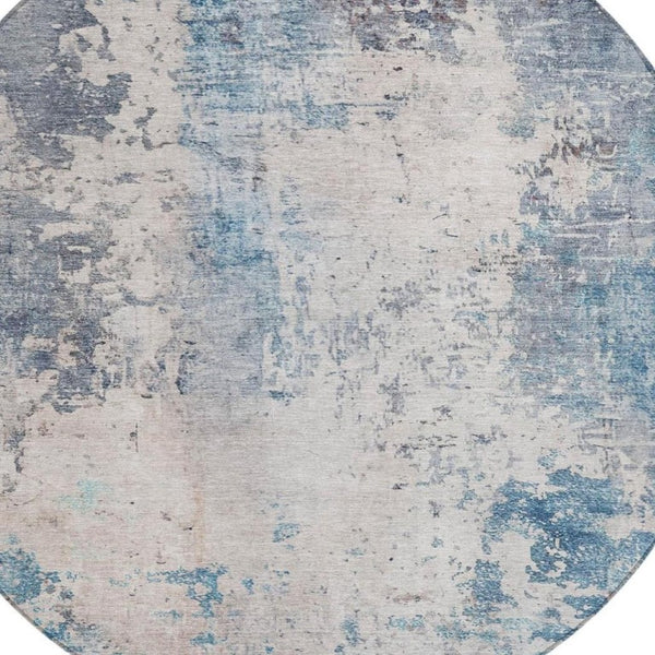 8 Ft Round Abstract Polyester Area Rug Washable Blue Silver Indoor Outdoor
