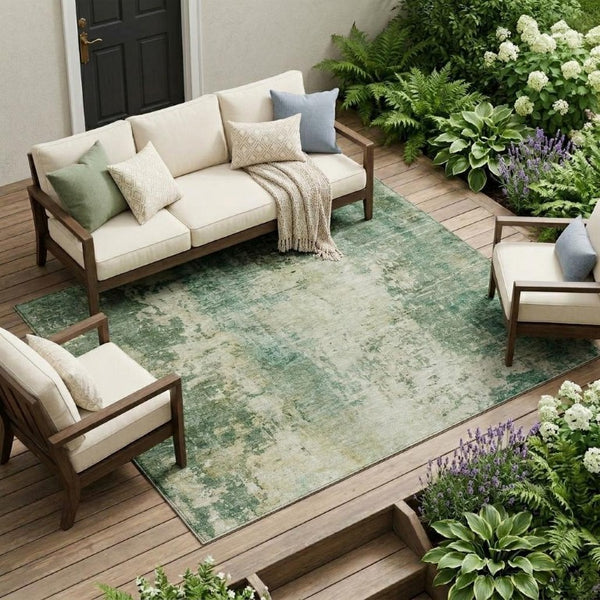 10 X 14 Abstract Green Sage Washable Polyester Rug for Indoor Outdoor Living