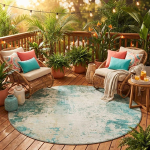 8 Foot Round Abstract Polyester Area Rug Teal Silver Washable for Patio or Living Room