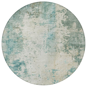 8 Foot Round Abstract Polyester Area Rug Teal Silver Washable for Patio or Living Room