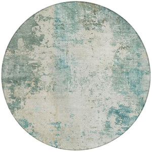8 Foot Round Abstract Polyester Area Rug Teal Silver Washable for Patio or Living Room