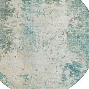 8 Foot Round Abstract Polyester Area Rug Teal Silver Washable for Patio or Living Room