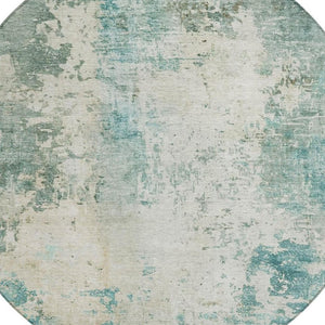 8 Foot Round Abstract Polyester Area Rug Teal Silver Washable for Patio or Living Room