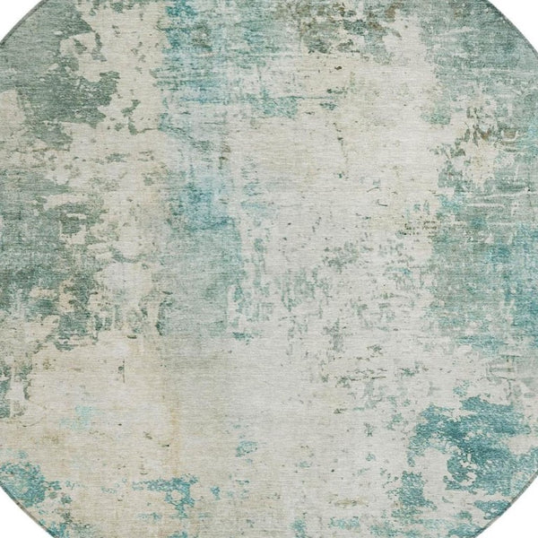 8 Foot Round Abstract Polyester Area Rug Teal Silver Washable for Patio or Living Room