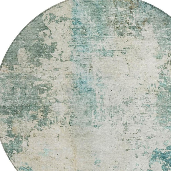 8 Foot Round Abstract Polyester Area Rug Teal Silver Washable for Patio or Living Room