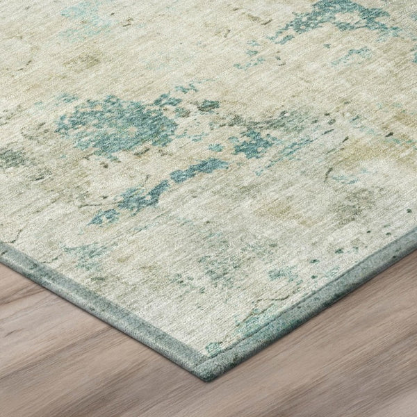 8 Foot Round Abstract Polyester Area Rug Teal Silver Washable for Patio or Living Room