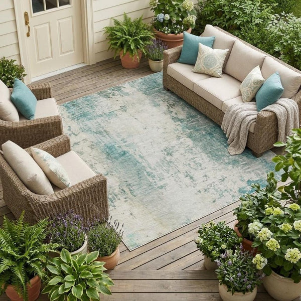 8 Ft X 10 Ft Teal Silver Abstract Polyester Washable Rug for Patio or Living Room