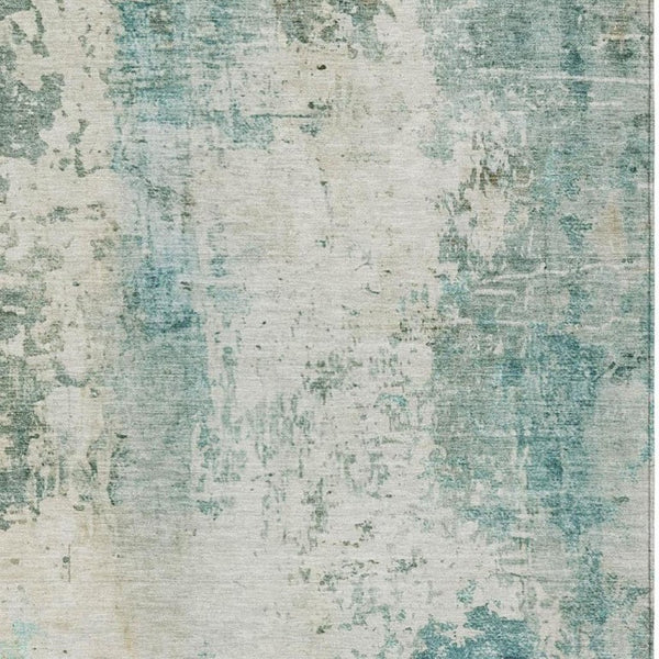 8 Ft X 10 Ft Teal Silver Abstract Polyester Washable Rug for Patio or Living Room