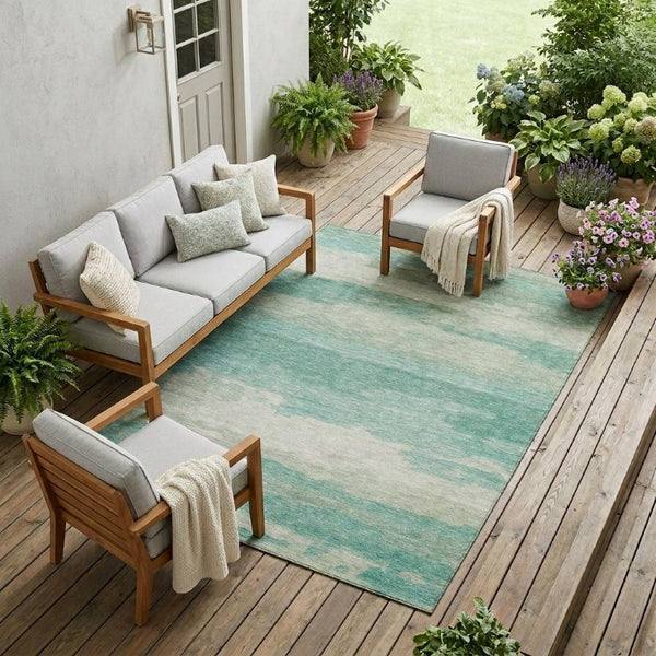 8 X 10 Aqua Teal Abstract Polyester Area Rug Washable for Indoor Outdoor Spaces
