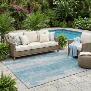 5 X 8 Abstract Sky Blue Washable Polyester Area Rug for Indoor Outdoor Living