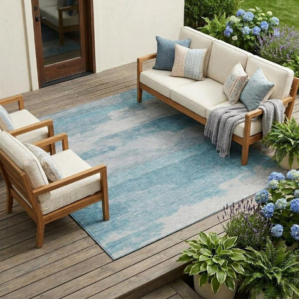 8 Ft X 10 Ft Sky Blue Abstract Polyester Area Rug Washable for Indoor Outdoor Use
