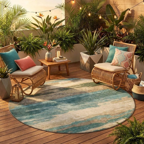8 Ft Round Abstract Teal Polyester Area Rug Stain Resistant for Indoor Outdoor Use