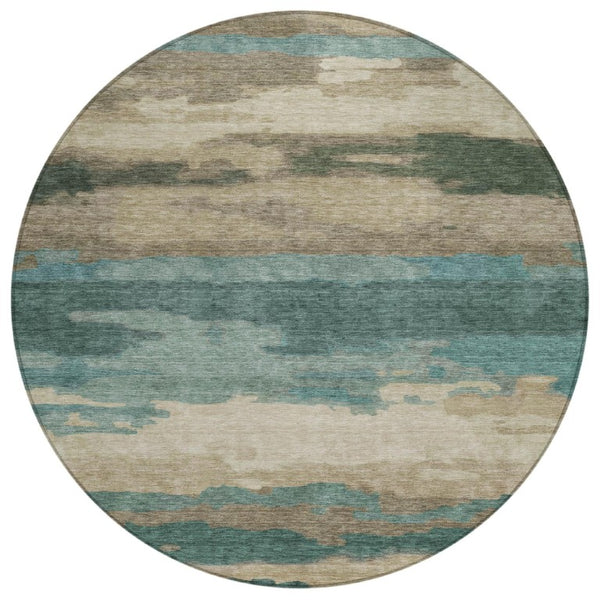HomeRoots 8 Ft Round Abstract Teal Polyester Area Rug Stain Resistant for Indoor Outdoor Use 745926