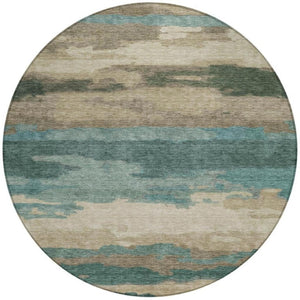 8 Ft Round Abstract Teal Polyester Area Rug Stain Resistant for Indoor Outdoor Use