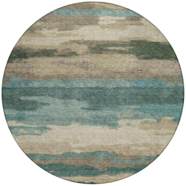 8 Ft Round Abstract Teal Polyester Area Rug Stain Resistant for Indoor Outdoor Use