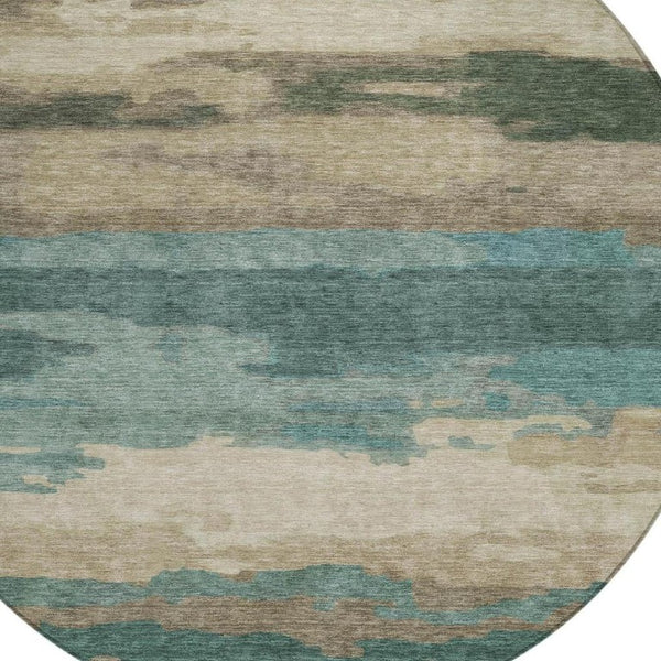 8 Ft Round Abstract Teal Polyester Area Rug Stain Resistant for Indoor Outdoor Use