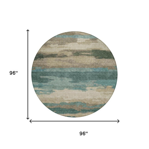 8 Ft Round Abstract Teal Polyester Area Rug Stain Resistant for Indoor Outdoor Use