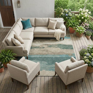 8x10 Abstract Teal Beige Polyester Area Rug Washable Stain Resistant Indoor Outdoor Use