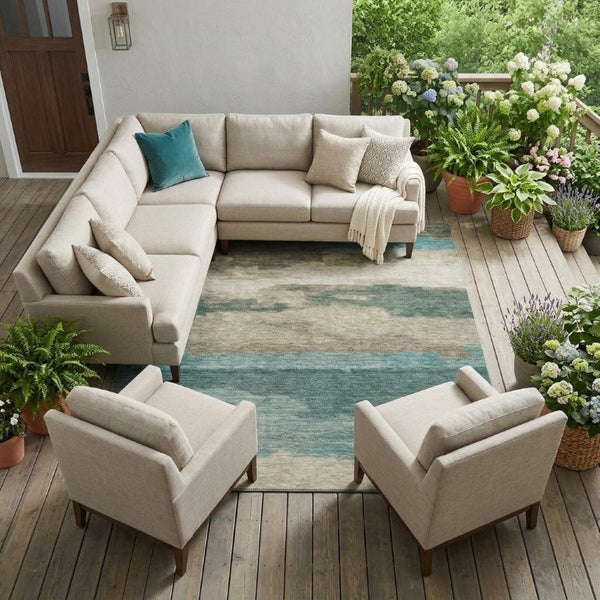 8x10 Abstract Teal Beige Polyester Area Rug Washable Stain Resistant Indoor Outdoor Use