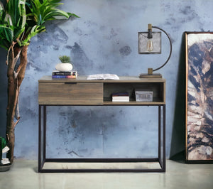 English Elm Galeno Rustic Oak Writing Desk with Black Metal Legs, Industrial Durable Composite Wood Storage﻿ B2726P243694