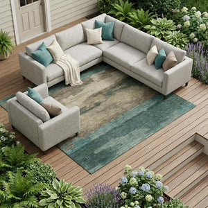 10 X 14 Abstract Teal Beige Polyester Area Rug Stain Resistant for Patio or Living Room