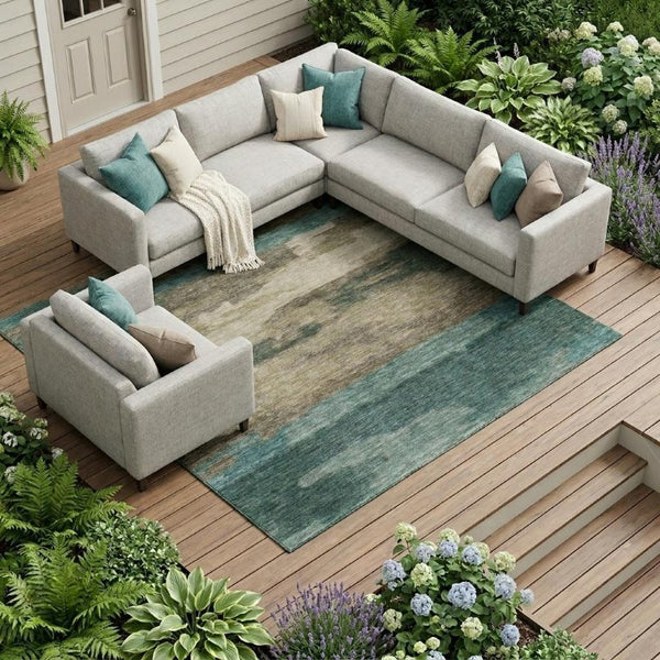 10 X 14 Abstract Teal Beige Polyester Area Rug Stain Resistant for Patio or Living Room