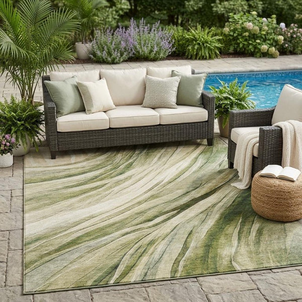 5 X 8 Abstract Green Polyester Area Rug Washable for Indoor Outdoor Spaces