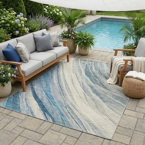 5 X 8 Abstract Polyester Area Rug Washable Indoor Outdoor Blue Silver Accent