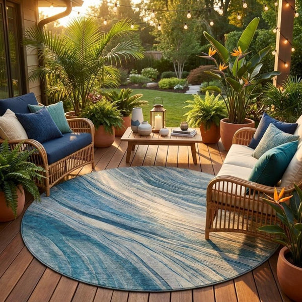 8 Ft Round Abstract Polyester Area Rug Washable Indoor Outdoor Patio Use