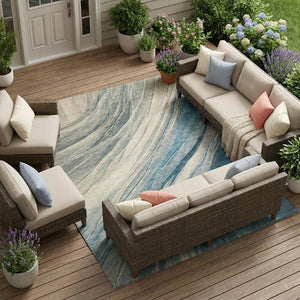 10 Ft X 14 Ft Blue Silver Abstract Polyester Washable Rug for Indoor Outdoor Use