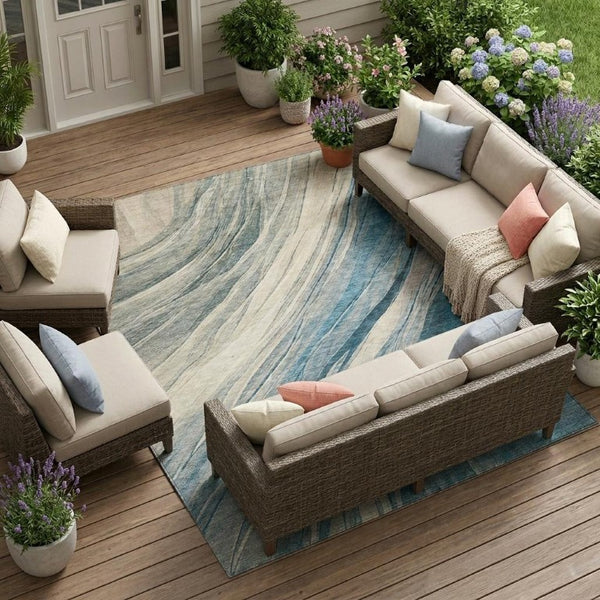 10 Ft X 14 Ft Blue Silver Abstract Polyester Washable Rug for Indoor Outdoor Use