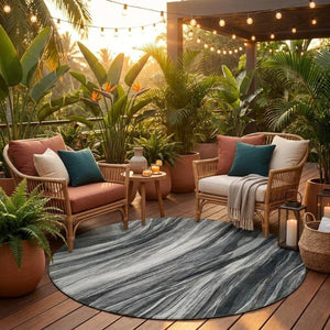 8 Foot Round Abstract Polyester Area Rug Washable Indoor Outdoor Gray Graphite