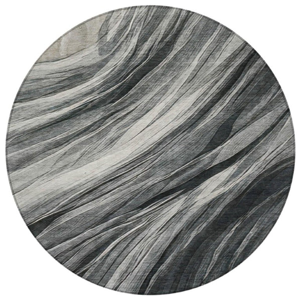 HomeRoots 8 Foot Round Abstract Polyester Area Rug Washable Indoor Outdoor Gray Graphite 745956
