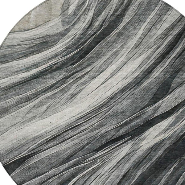 8 Foot Round Abstract Polyester Area Rug Washable Indoor Outdoor Gray Graphite
