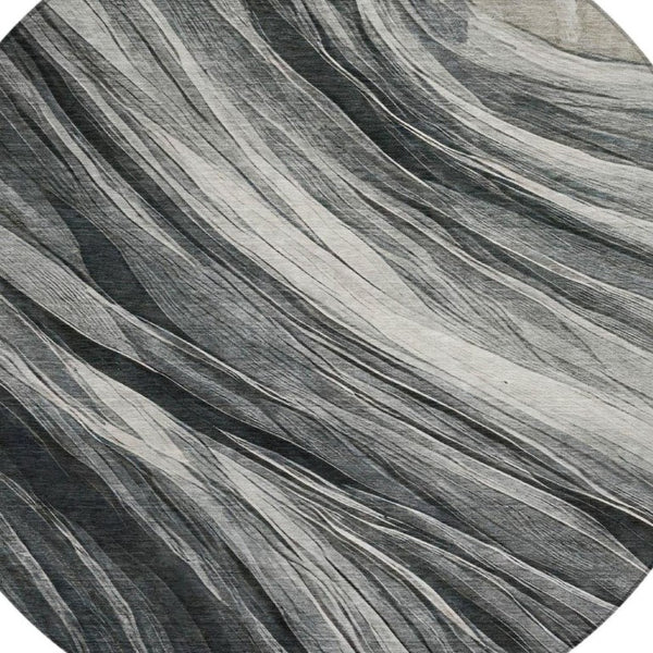 8 Foot Round Abstract Polyester Area Rug Washable Indoor Outdoor Gray Graphite