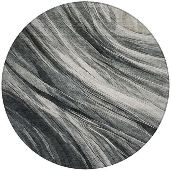 8 Foot Round Abstract Polyester Area Rug Washable Indoor Outdoor Gray Graphite