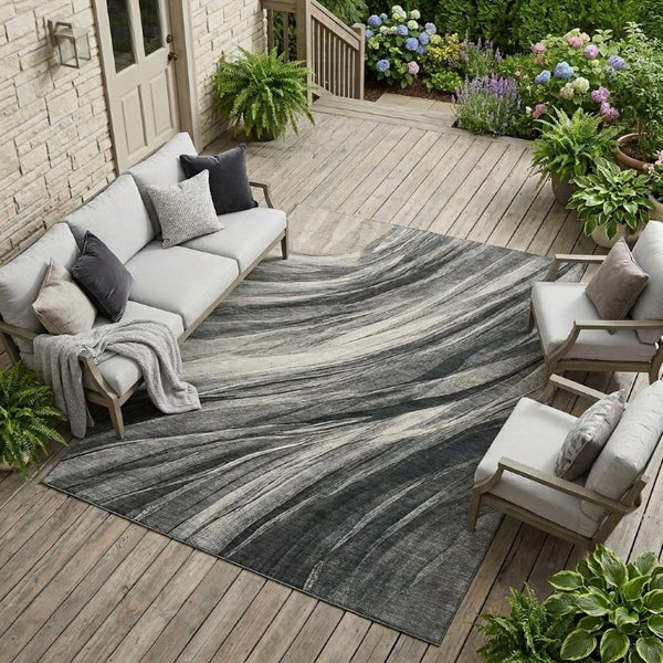 10 X 14 Gray Graphite Abstract Polyester Indoor Outdoor Washable Area Rug