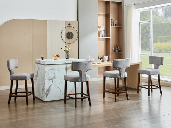 English Elm Mid Century Modern Counter Height Bar Stools Set of 2 with Curved Copper-Stud Back, Foam Spring Cushion, Walnut Legs and Adjustable Balance Studs Gray W1143P296348