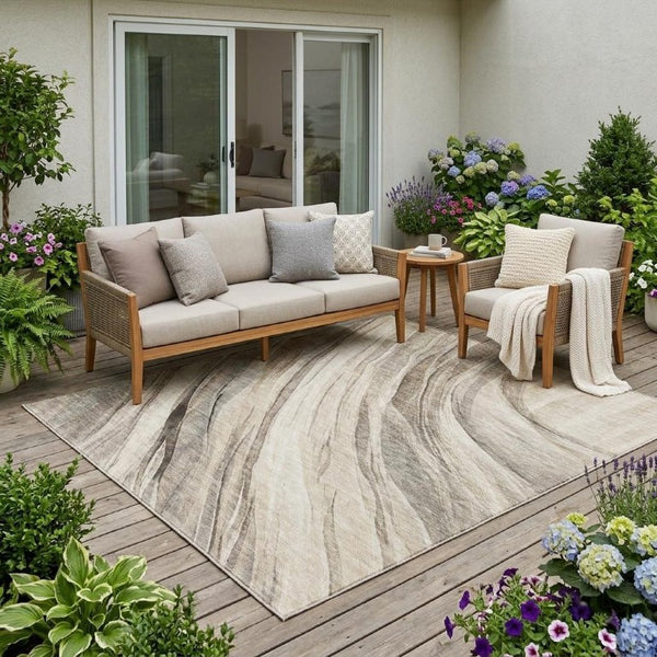 5 X 8 Taupe Brown Abstract Polyester Area Rug Washable Indoor Outdoor Patio