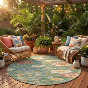 8 Ft Round Floral Polyester Area Rug Washable for Patio Porch Kitchen and Family Rooms