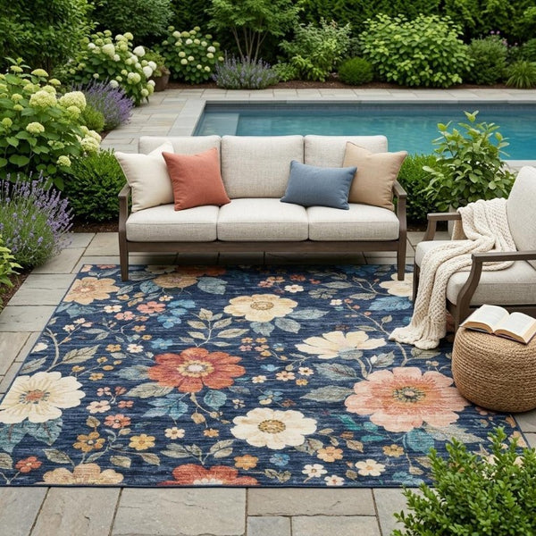 5x8 Floral Polyester Area Rug Washable Stain Resistant Indoor Outdoor Living Patio