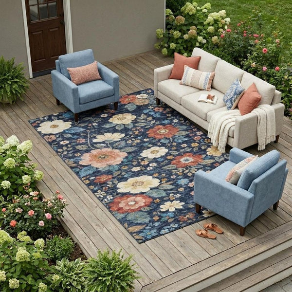 8 X 10 Navy Floral Polyester Area Rug Washable Stain Resistant Indoor Outdoor Patio