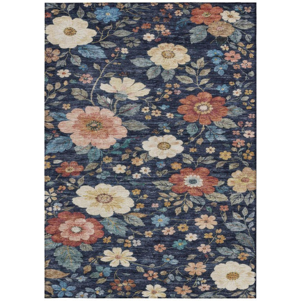 8 X 10 Navy Floral Polyester Area Rug Washable Stain Resistant Indoor Outdoor Patio